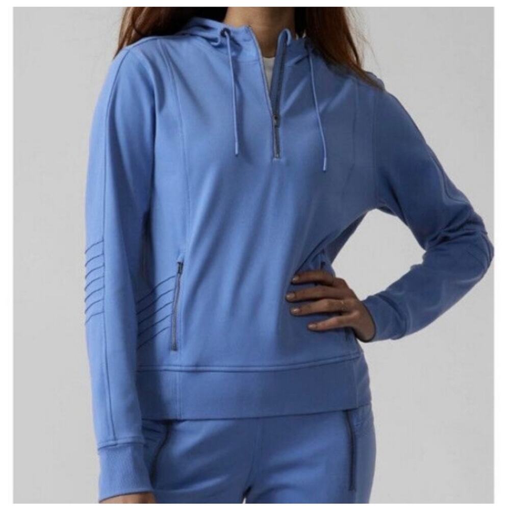 Athleta Running Quarter Zip Hoodie Venice Moto Cottage Blue Pockets Small
